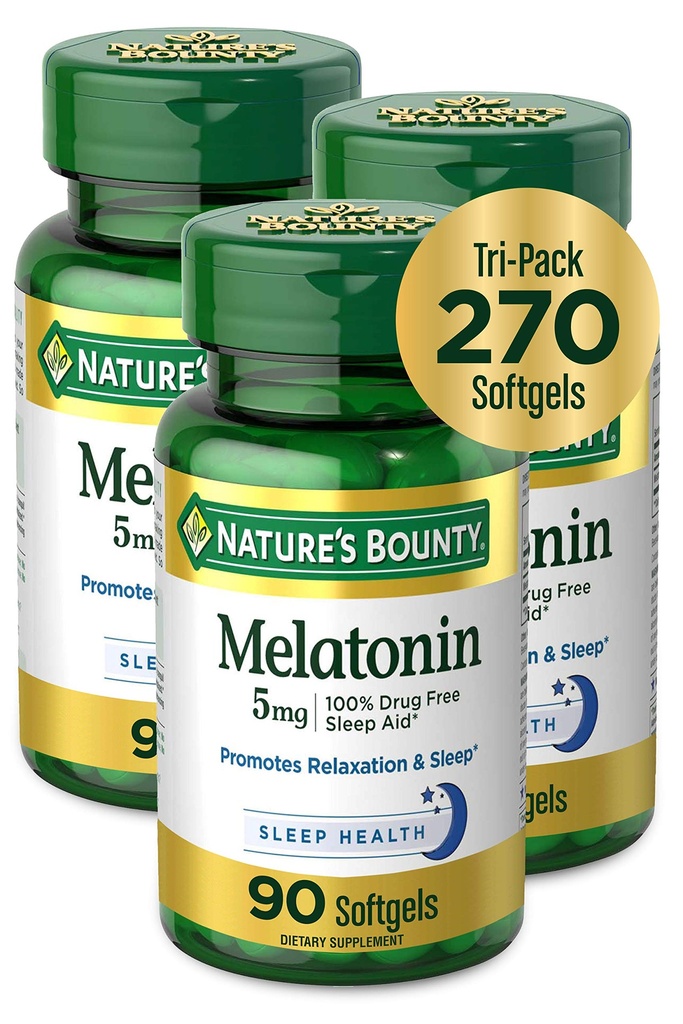 Nature's Bounty Melatonin 100% sans médicament aide au sommeil, complément alimentaire, favorise la relaxation et la santé du sommeil, 5 mg, 90 Compte, paquet de 3