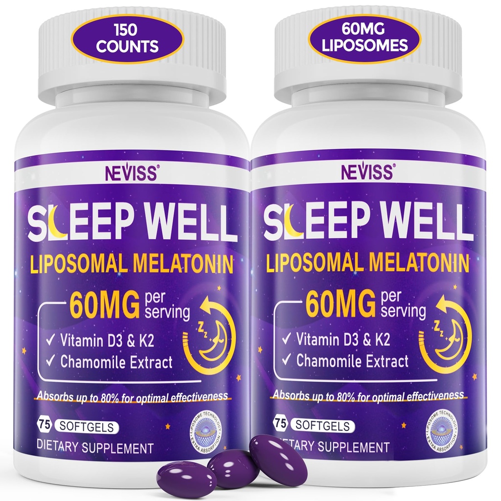 Mélatonine 60mg pour adultes haute dose, soutient le repos profond et la cognition cérébrale, la mélatonine liposomique extra-forte avec la vitamine D3 K2, camomille, pour le cycle du zzz, immunitaire et antioxydant, 150 softgels