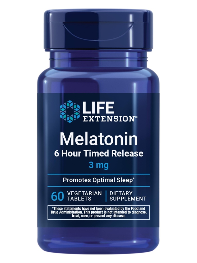 Prolongation de la durée de vie Melatonine 6 heures de libération, 3 mg, formule à libération prolongée pour un sommeil optimal, rythmes circadiens sains, défense cellulaire, sans gluten, non-OGM, végétarien, 60 comprimés