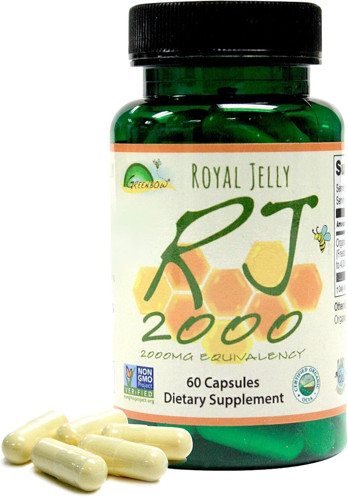 Greenbow Royal Jelly 2000mg Équivalence – Non OGM fabriqué avec la gelée royale biologique - l'une des plus nutritives emballées – (60 Capsules végétaliennes)