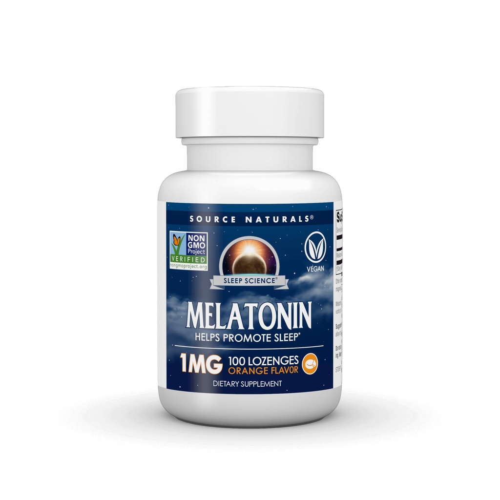 Source Naturals Sleep Science Mélatonine, Projet non OGM Vérifié, supplément diététique à la mélatonine, 1mg - 100 Lozanges à saveur orange