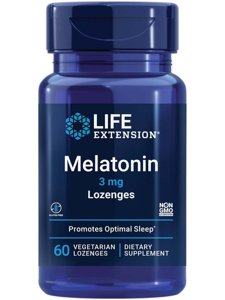 Durée de vie Melatonine, 3 mg, Soutien optimal du sommeil, Rythmes circadiens sains, Défense cellulaire, Sans gluten, Non-OGM, Végétarien, 60 losanges à croquer