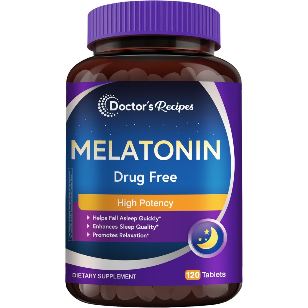 Recettes du médecin Melatonine 10 mg, haute puissance, non-Habit formant, végétalien, suppléments de soutien du sommeil pour les hommes et les femmes, non-OGM, sans gluten, 120 comprimés