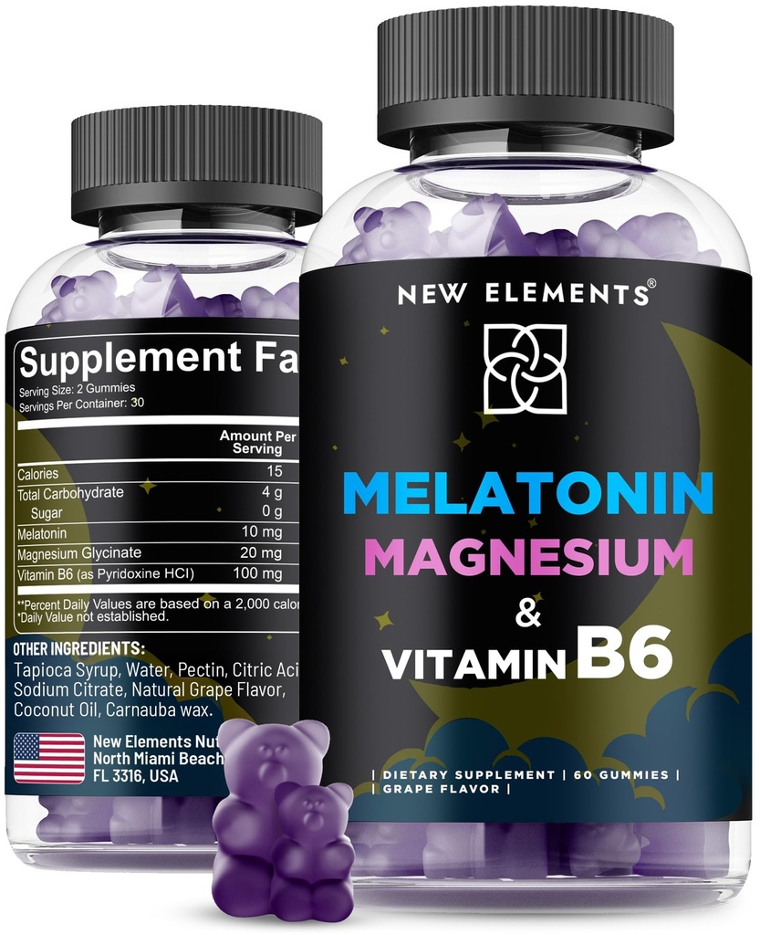 Nouveaux éléments Mélatonine Gommies 10mg avec Magnésium Glycinate et Vitamine B6.