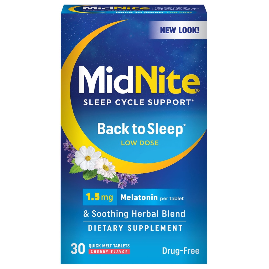 MidNite Retour au sommeil Faible dose, 1,5 mg d'aide au sommeil à la mélatonine, forme non-habitante, supplément alimentaire à base de plantes pour adultes, sans médicament, sans gluten, sans lactose, végétarien, végétalien, 30 comprimés de fonte rapide