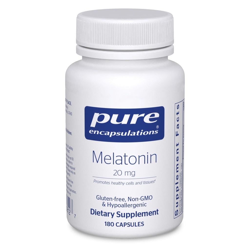 Encapsulations pures Mélatonine 20 mg - Non destiné au soutien du sommeil - pour le système immunitaire et les cellules saines - 99,5 % Mélatonine de pureté - Sans gluten et sans OGM - 180 capsules