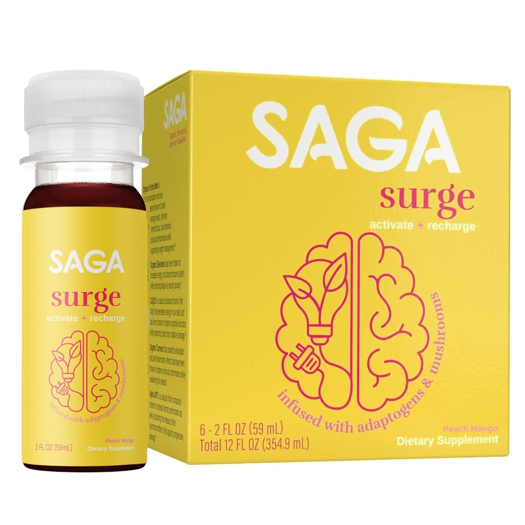SAGA SURGE Organic Energy Shots (en anglais seulement) Performance Drink Yerba Mate & Alpha GPC Supplement avec CoQ10, Turmeric & Champignons (en anglais seulement) Boost Boost Boost pour Focus, Endurance & Performance (en anglais seulement) 2oz Peach Mango