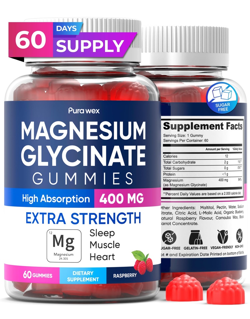 Glycinat de magnésium 400mg, supplément de magnésium haute absorption pour les femmes, les hommes et les enfants, soutien musculaire et relaxation, sans sucre, végétalien, 60 jours d'approvisionnement