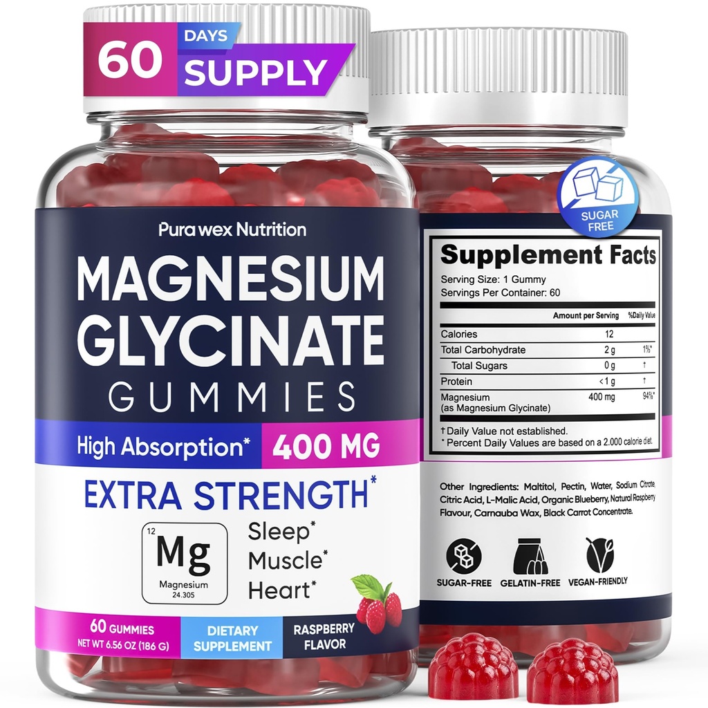 Glycinat de magnésium 400mg, supplément de magnésium haute absorption pour les femmes, les hommes et les enfants, soutien musculaire et relaxation, sans sucre, végétalien, 60 jours d'approvisionnement
