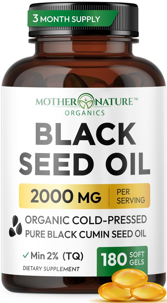 Capsules d'huile de graines noires 2000mg par portion, Cumin noir pressé à froid biologique, haute TQ, Immune & Joint Support, 180 Compte (3 mois d'approvisionnement)