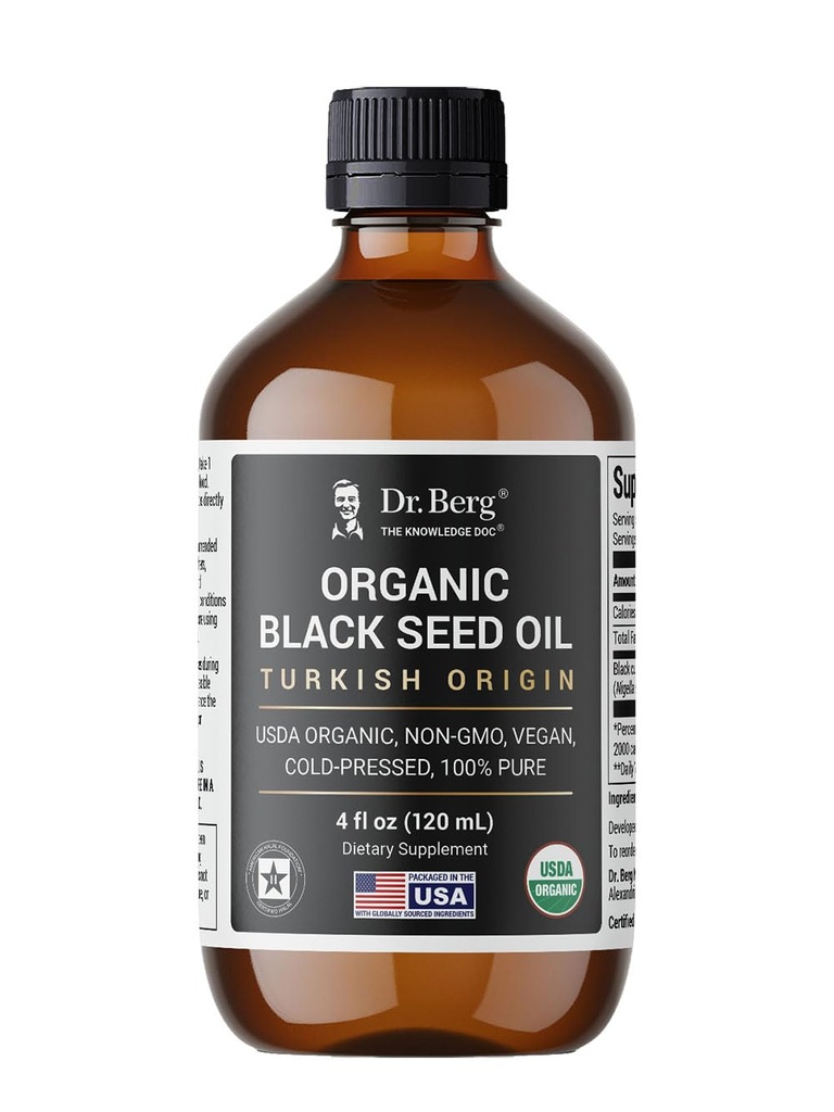 Dr Berg Black Seed Oil Organic Cold Pressed – Pure Nigella Sativa Black Cumin Oil – USDA Organic, Halal, Vegan – pour les cheveux, la peau, le support immunitaire – Liquide non raffiné – bouteille en verre de 4 oz