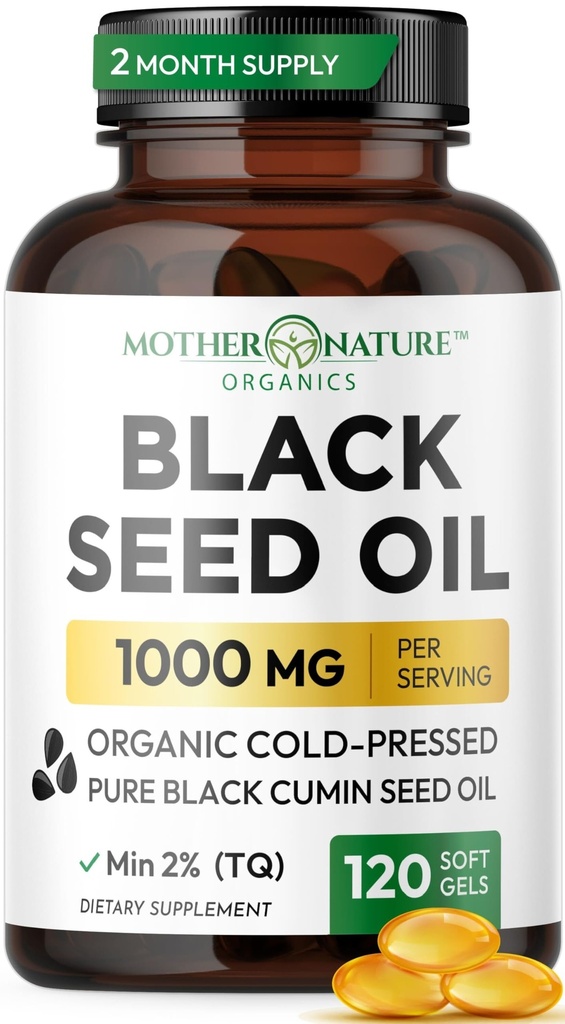 Capsules d'huile de graines noires 1000mg, Cumin noir pressé à froid biologique, haute QT, Immune & Joint Support, 120 Compte (2 mois d'approvisionnement)