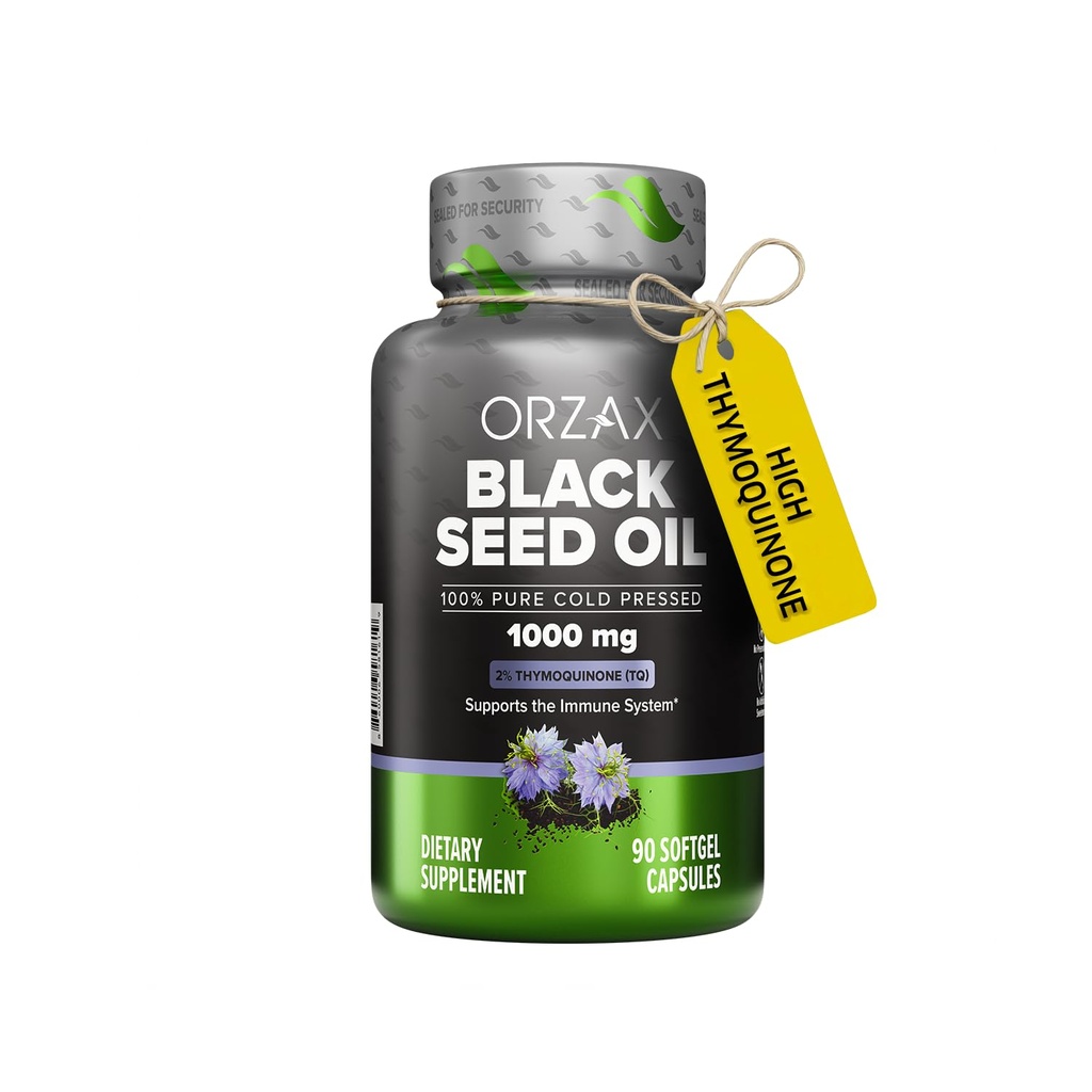 ORZAX Huile de graines noires Cold Pressed 100% Pure (100%) Non-OGM - Riche en Omega 3 6 9 & Thymoquinone (1000 mg - 90 Capsules Softgel)