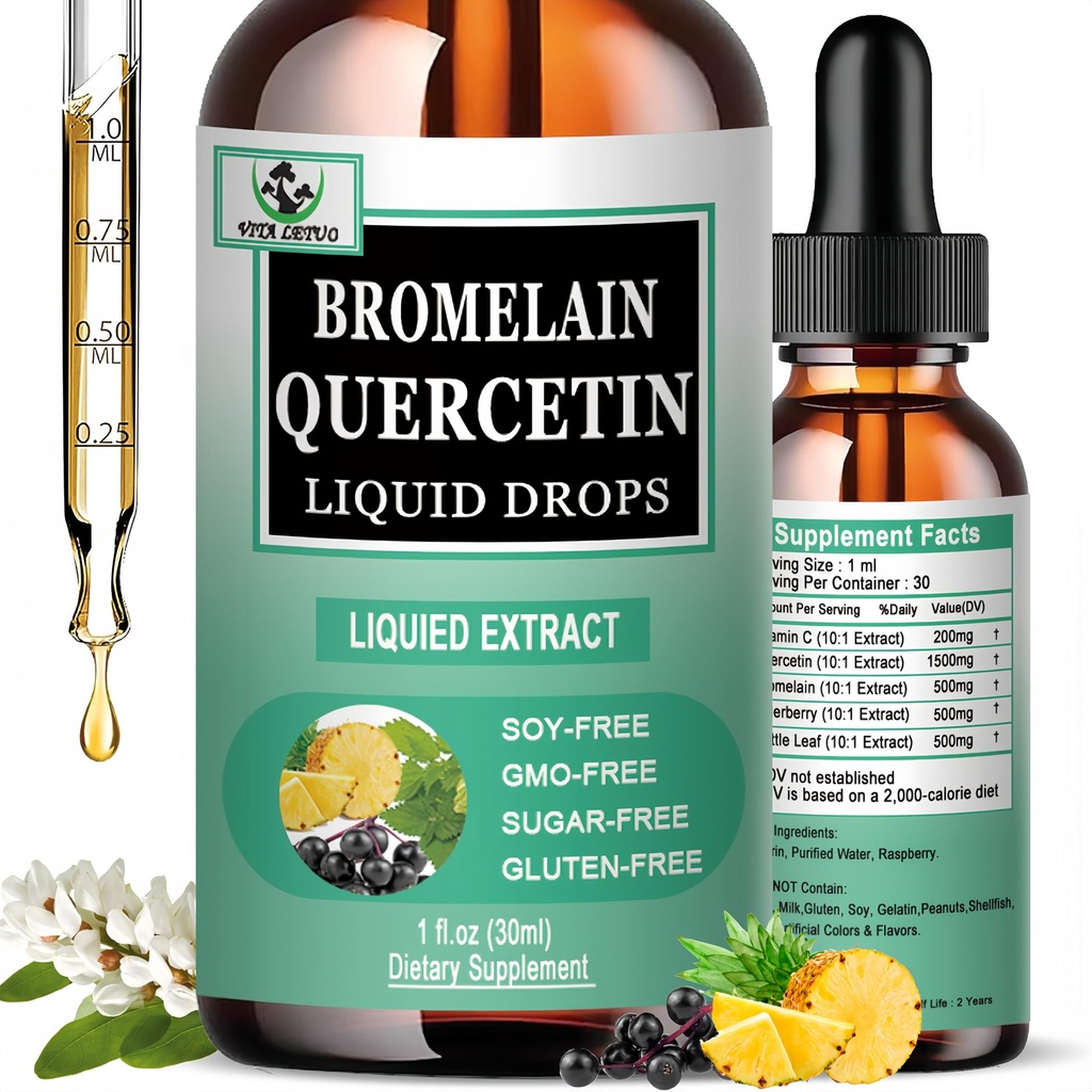 Quercetin gouttes liquides, Quercetin avec Bromelain Nettle Feuille de vitamine C suppléments liquides, forte absorption quercetin gouttes liquides pour les femmes hommes, soutien anti-oxydant immunitaire sain, non-OGM