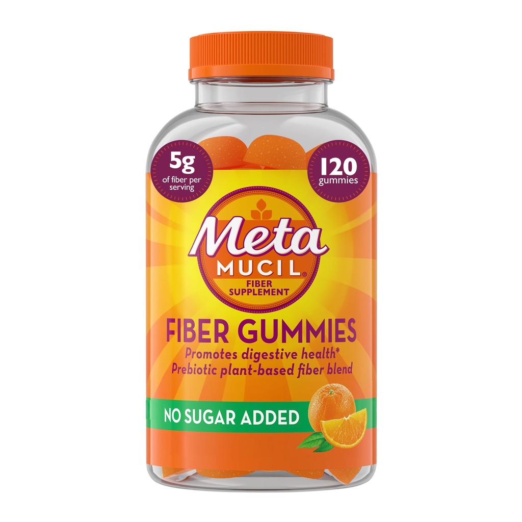 Gommies de fibre de métamucil pour les adultes, Pas de sucre ajouté Arôme orange, 5g Mélange de complément de fibre à base de plantes prébiotiques, 120 Compte