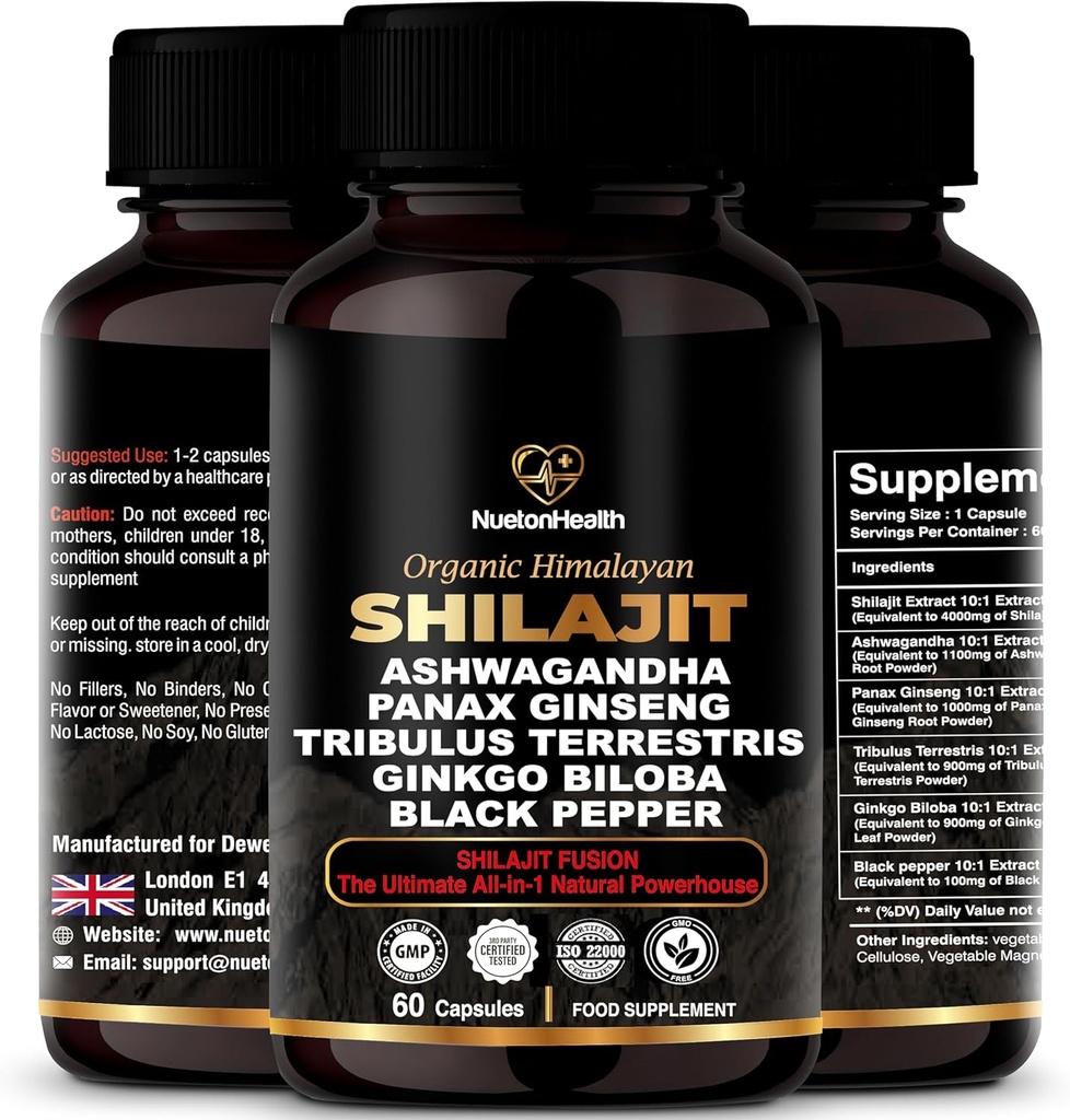 Capsules Himalayan Shilajit avec Ashwagandha, Ginseng, Tribulus, Ginkgo & Black Pepper – Mélange botanique végétalien sans gluten pour le bien-être quotidien et la vitalité – 60 Capsules
