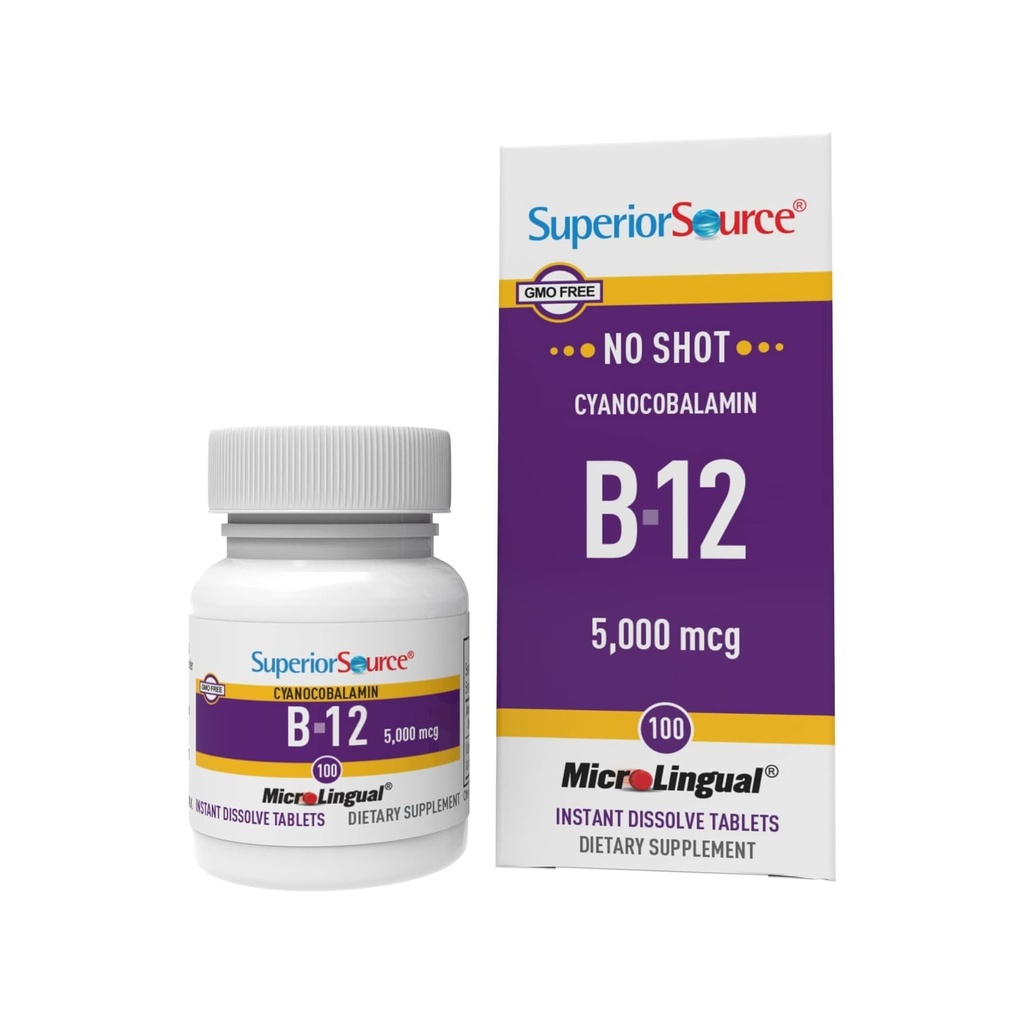 Superior Source No Shot Vitamine B-12 Cyanocobalamine 5000 mcg - Vitamine B-12 pour soutenir la production d'énergie, la santé cérébrale et le mieux-être général - Comprimés sublinguaux - 100 comprimés dissolvables