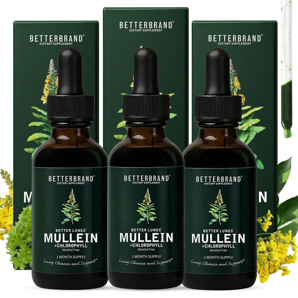 Betterbrand Mullein Lung Detox Drops (3-Pack), 60ml Mullein Leaf Teincture with Chlorophyll for Respiral Health Support - Sans alcool - Approvisionnement de 3 mois