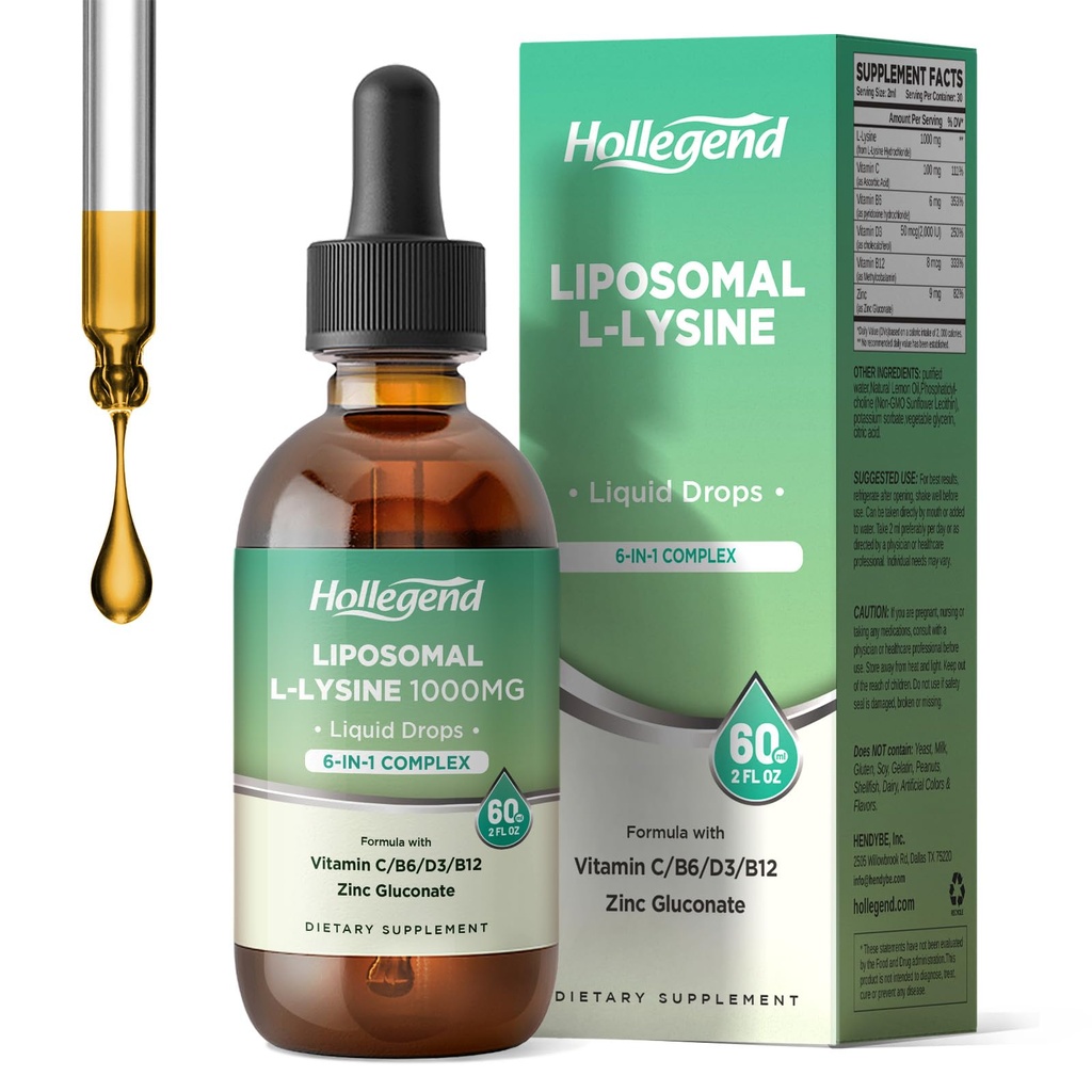 Liposomale L-lysine 1000MG gouttes liquides, supplément de lysine pour les femmes et les enfants avec vitamine C, B6, D3, B12 & Zinc Gluconate, peau et santé des lèvres, crème et collagène support de production, Lemon Flavor, 2 fl oz