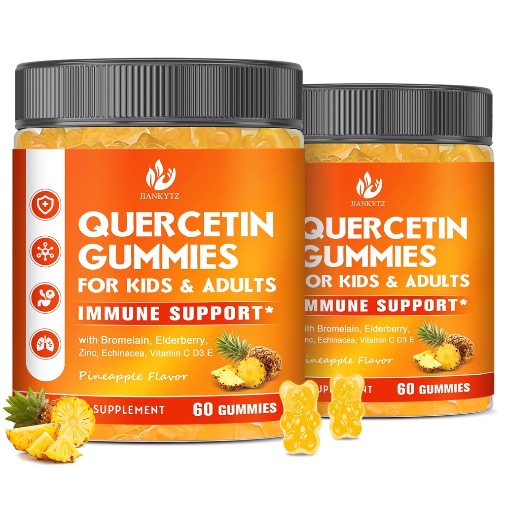 (2 Pack) Quercetine sans sucre avec Gummée de Bromelain pour enfants et adultes - Immune, Antioxydant, Soutien saisonnier, 1000mg Suppléments de Quercetine avec Bromelain, Zinc, Elderberry, Vitamine C D3 E, 120 Compte