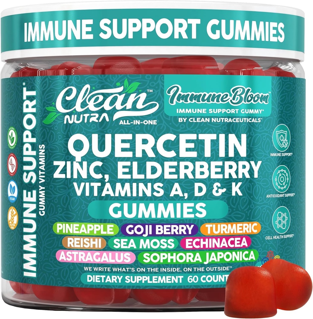 Nettoyant Quercetin Immune Soutien Gummées Zinc Vitamine K2 D3 A Bromelain Goji Berry Turmeric Sea Moss Echinacea Astragalus Selenium Feuille d'olive Supplément d'immunité Vitamines Gummy