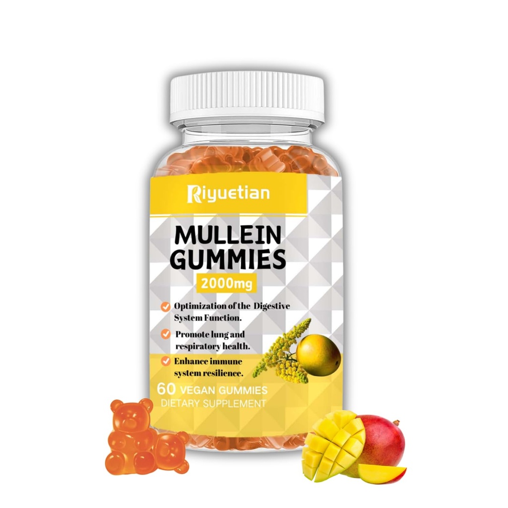 Mullein Gummies, 2000mg Organic Mullein Leaf Extract with Quercetin, Bromelain & Vitamin D3, Mullein Leaf Extract for Respiratory, Natural Lung Cleanse, Improve Appetite, Vegan, Non-GMO, 1 Pack