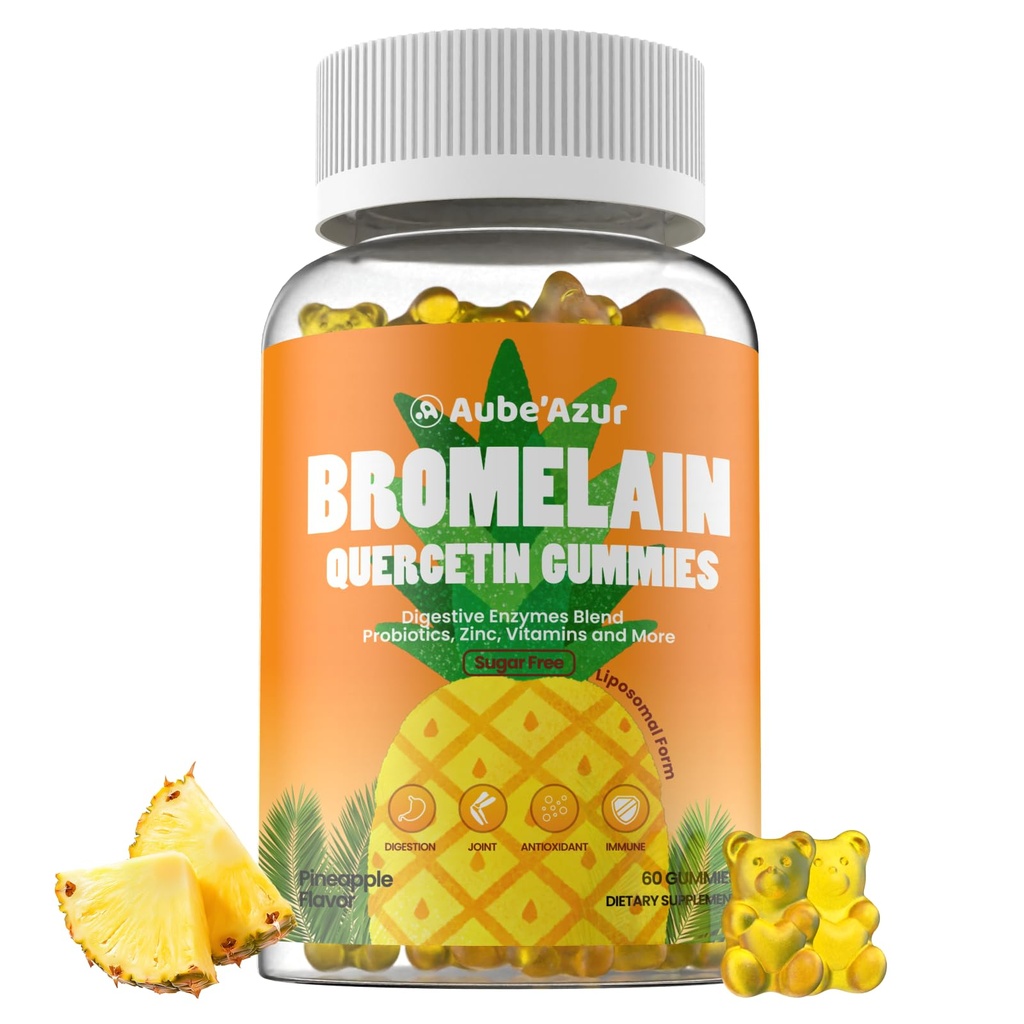 Bromelain liposomale avec Gommies Quercetin, Supplément bromelain de 1000mg pour les femmes et les hommes, avec probiotiques, enzymes digestives pour Gut, Digestive & Immune support, sans sucre, ananas, 60 comte