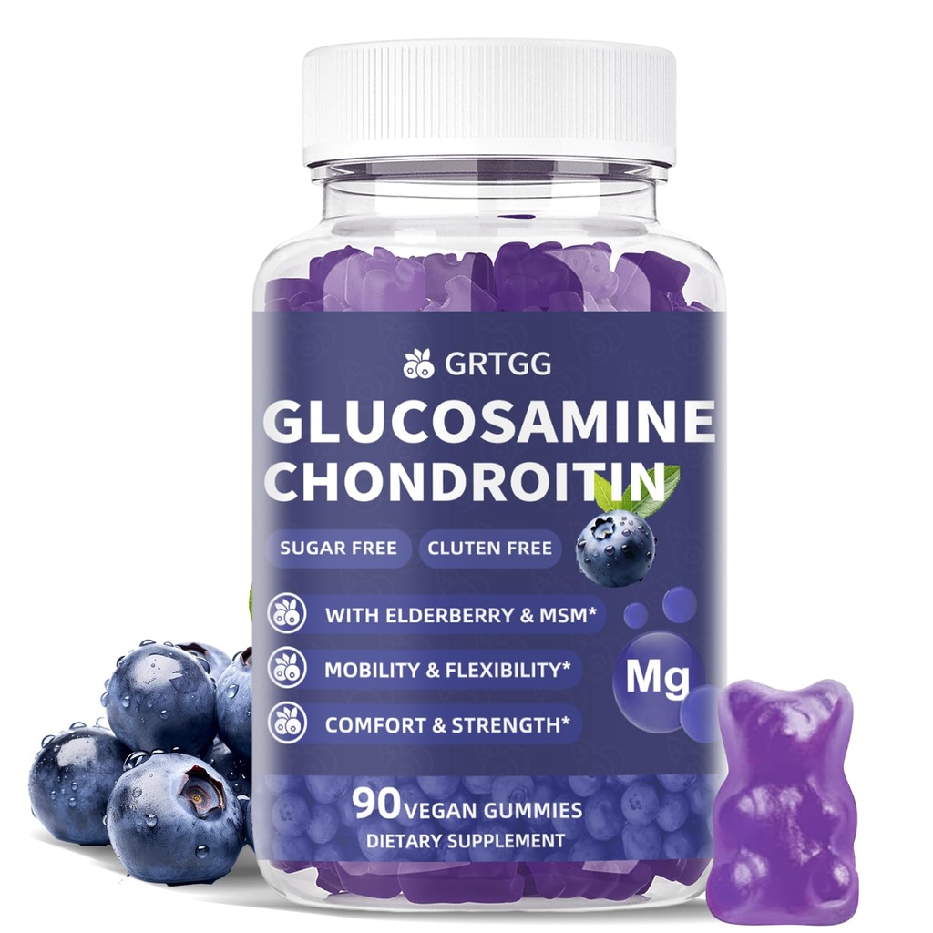 Glucosamine Chondroïtine Gommies avec MSM & Elderberry Extra Strength 3000MG - Soutien articulaire, Supplément de soutien immunitaire antioxydant pour adultes, hommes et femmes - 90 Gommies de myrtilles