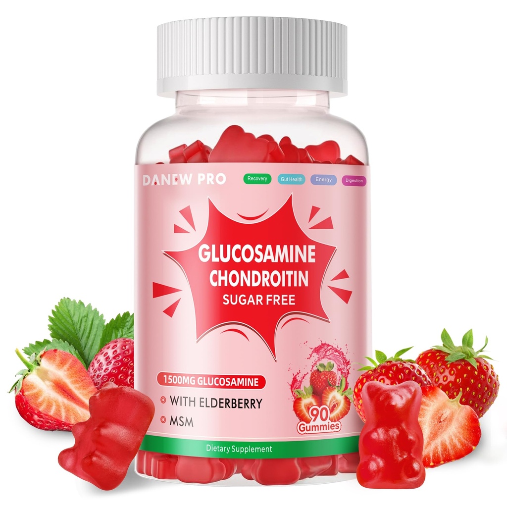 DANEW Pro Glucosamine Chondroitin Gummies avec MSM & Elderberry Extra Strength - Joint Support, Antioxydant Immmune Support Supplément pour Adultes, Hommes & Femmes.90 Strawberry Gummies