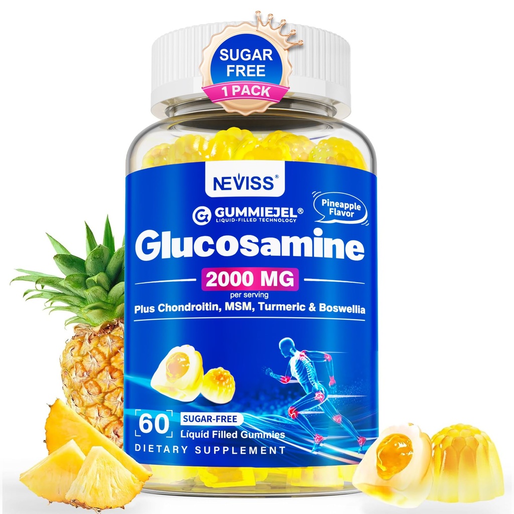 Glucosamine sans sucre Chondritine MSM Gummies - Max Strength Mobility Supplement for Women & Men w/ Glucosamine Sulfate 2000mg, Boswellia, Curcumine et acide hyaluronique - Soutien de flexibilité - 60Cts