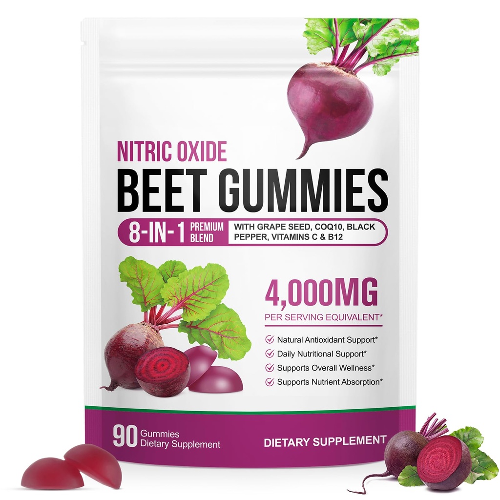 Gommies de racines de betterave Enrichies avec 200mg CoQ10 & Extrait de racines de betterave pour la pression artérielle, soutien de la santé cardiaque, Suport de niveau d'énergie, Promotion de l'oxyde nitrique, W/ Vitamine B12, C, sans sucre