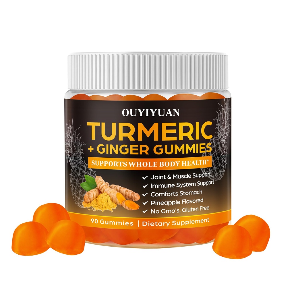 Gummies curcuma, Relief articulaire et musculaire + Support immunitaire, Arôme naturel des ananas, Non-OGM sans gluten, 90 Gummies