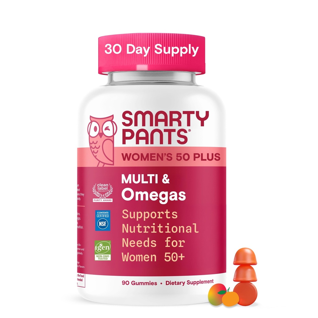 SmartyPants Multivitamine Gummy pour les femmes de 50 ans et plus, Oméga 3 (DHA/EPA), Méthylfolate, CoQ10, Vitamine D3, C, Vitamine B12, B6, A, K, Biotine, Sans gluten, 90 Compte (30 jours)