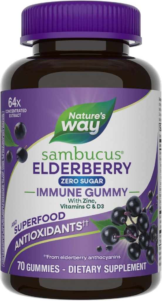 Nature's Way Sambucus Zero Sugar Immune Gummies, Daily Immmune Support*, Extrait de mûrier noir, vitamine C, vitamine D3, zinc, sans sucre, sans alcool de sucre, édulcorants à base de plantes, 70 Gummies