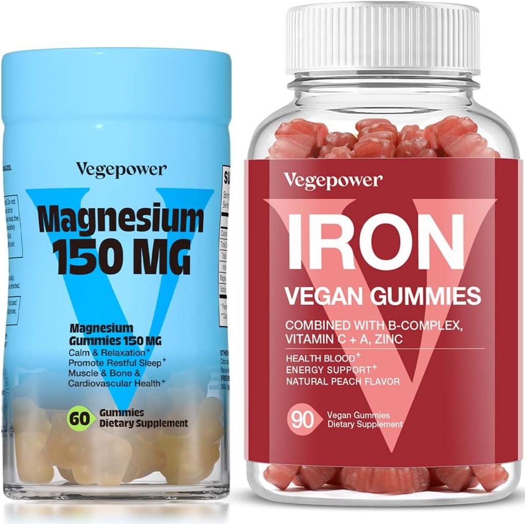 Gommies de Fer Vegan + Gommies de Magnésium.Supplément de Fer pour soutenir le sang sain et l'énergie quotidienne pour les adultes et les enfants.