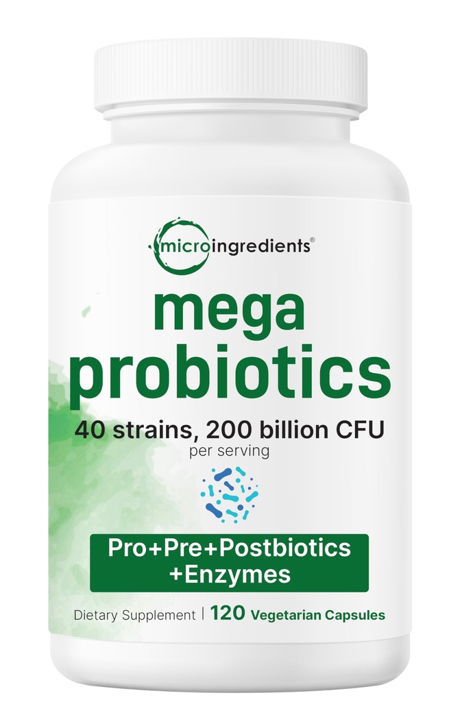 Micro-ingrédients Probiotiques 200 milliards CFU, 120 capsules de légumes Mega Probiotiques pour les hommes et les femmes 40 souches avec prébiotiques, postbiotiques et enzymes digestives