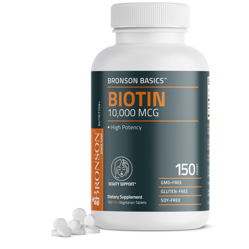Bronson Biotin 10 000mcg, soutient la santé des cheveux, de la peau et des ongles, végétarien, non OGM, 150 comprimés