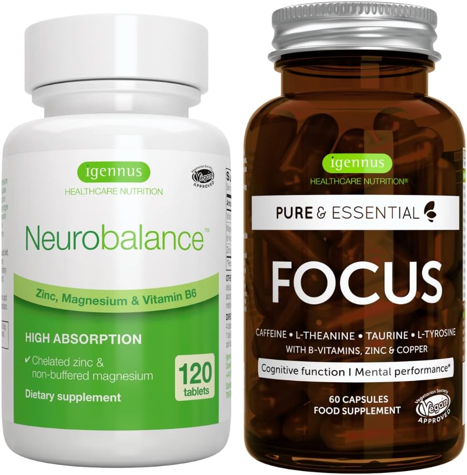 Neurobalance + Focus Brain Booster Groupe végétalien, haute absorption de zinc Magnésium et B6 + caféine, acides aminés et vitamine B méthylée, par Igennus
