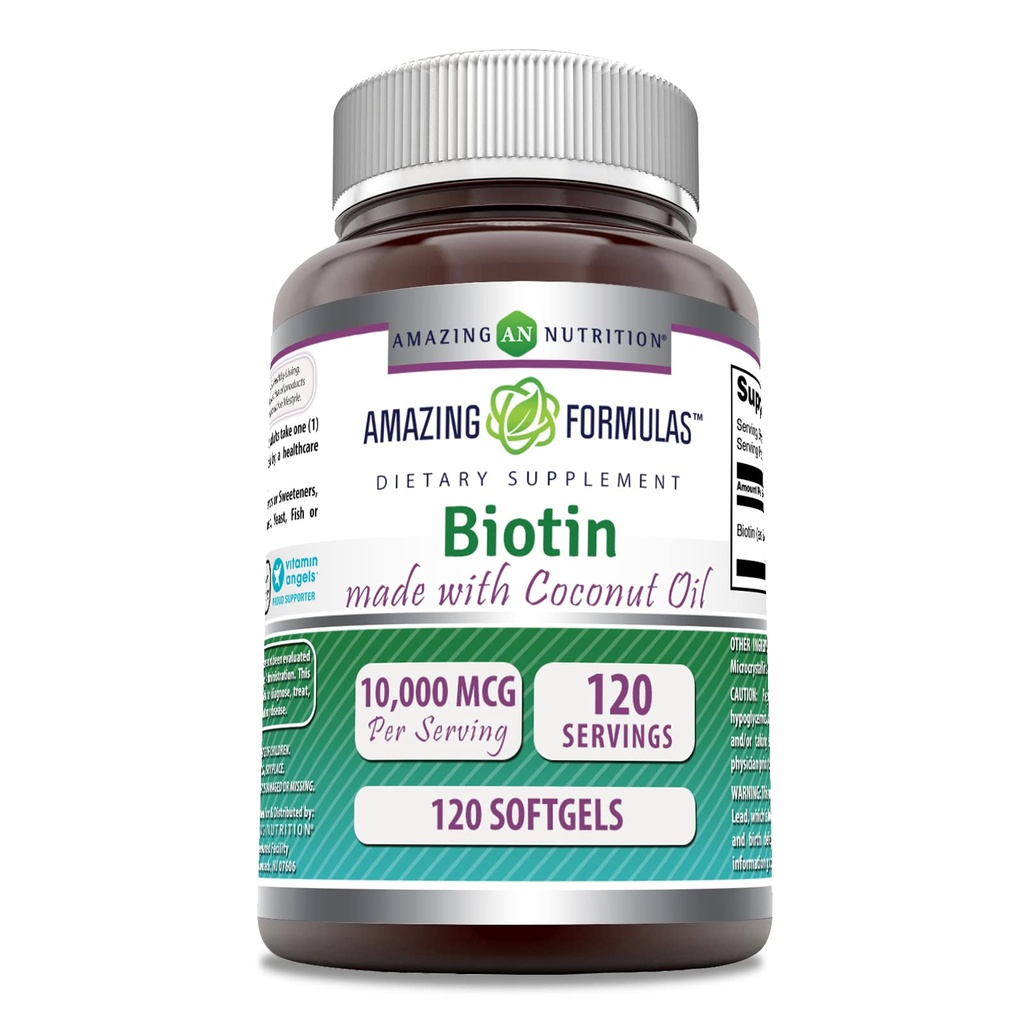 Formules étonnantes Biotine avec supplément huile de coco biologique extra vierge de 10000 Mcg.
