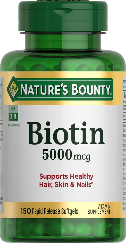 Biotine Bounty de la nature, soutient le métabolisme pour l'énergie cellulaire et les cheveux sains, la peau, et les ongles, 5000 mcg, 150 Softgels