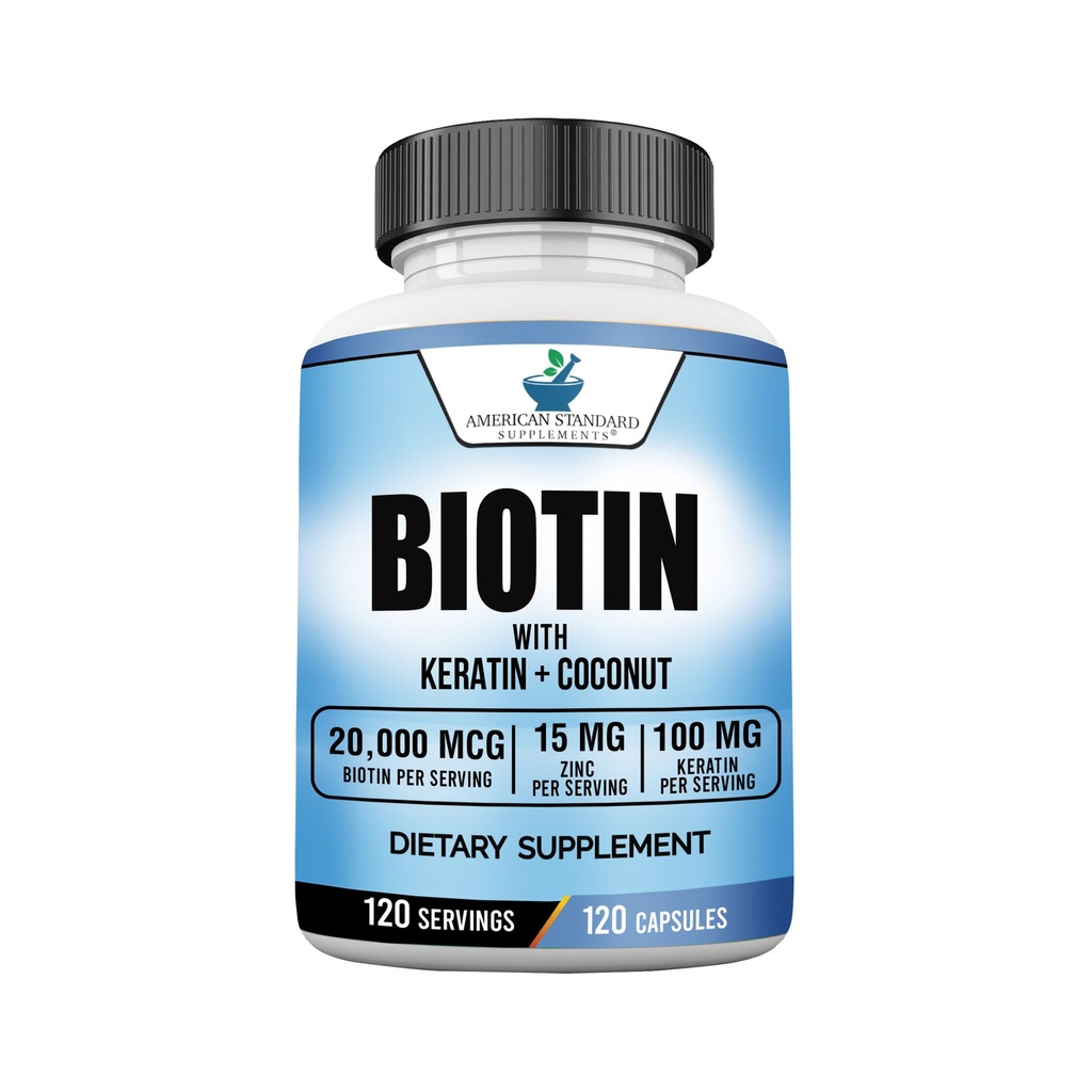 American Standard Suppléments Biotin 20 000 mcg avec kératine, poudre de noix de coco et zinc, supplément Biotin pour les femmes et les hommes, 120 capsules de légumes, 120 jours d'approvisionnement