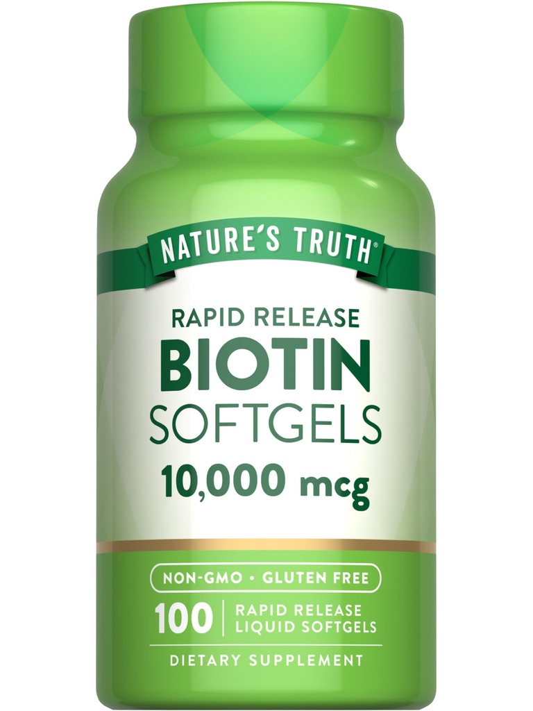 Nature's Truth Biotin 10 000 mcg , libération rapide Softgels , 100 Count , Supplément sans OGM et sans gluten