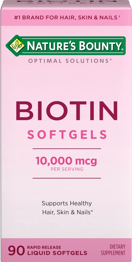 Nature's Bounty Biotin 10000mcg Supplement, Supports Healthy Hair, Skin and Nails, Optimal Solutions Hair Vitamin with Biotin, 90 Rapid Release Liquid Softgels