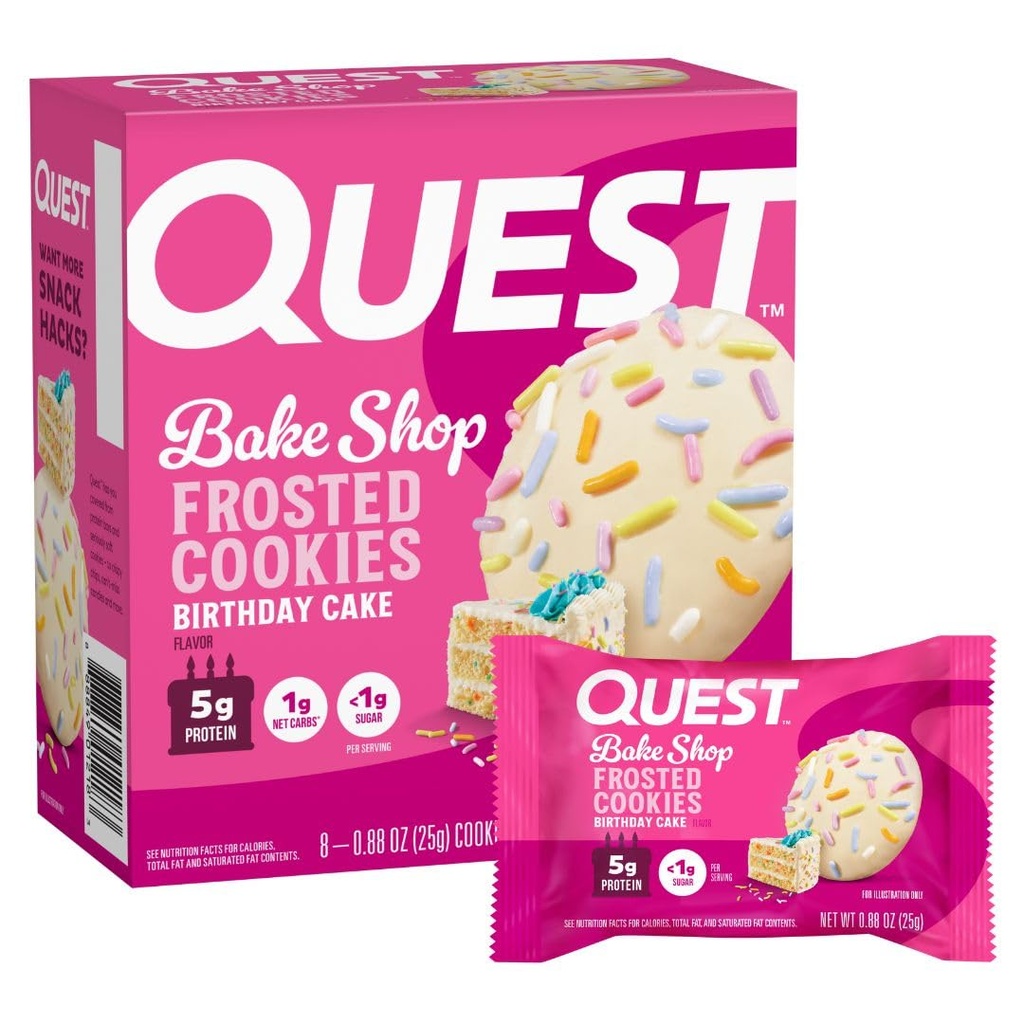 Quest Nutrition Cookies de protéines congelées, gâteau d'anniversaire, <1g sucre, 5g protéines, 1g glucides nets, sans gluten, 8 cookies