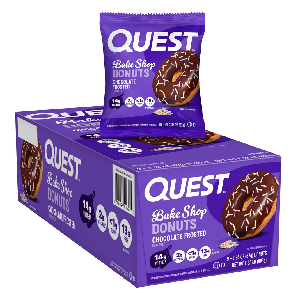 Quest Nutrition Bake Shop, Donuts congelés au chocolat, 14g de protéines, moins de 1g de sucre, Snack de protéines, faible sucre, 9 Compte