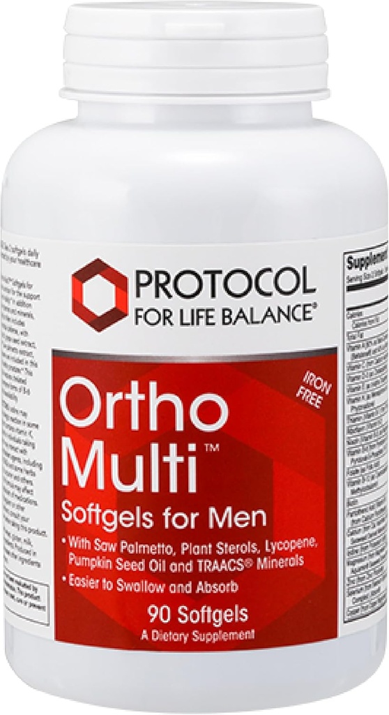 PROTOCOLE POUR LA BALANCE DE VIE Ortho Multi Softgels pour les hommes - Multivitamine pour la santé de la prostate - avec Saw Palmetto, Zinc & CoQ10 - Multivitamine quotidienne pour hommes - Sans fer - 90 Softgels