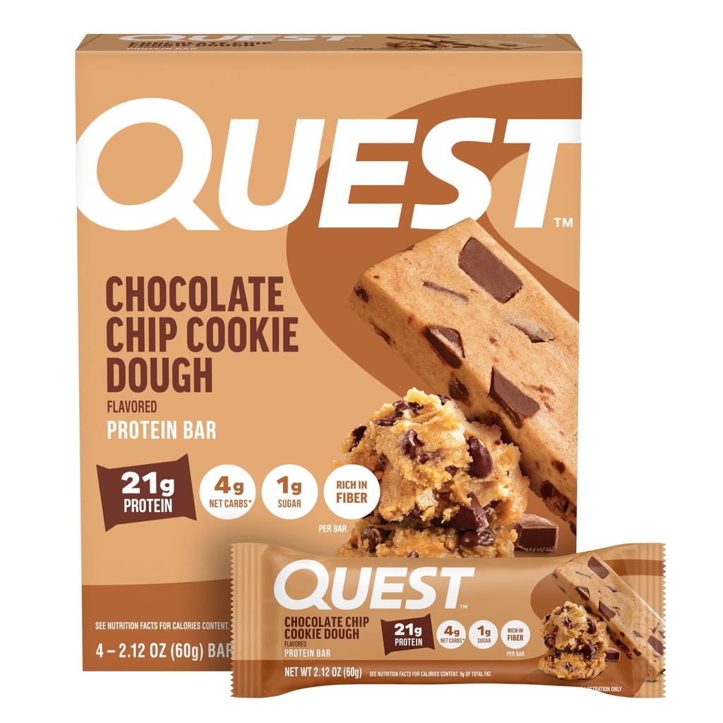 Quest Nutrition Chocolate Chip Cookie Dough Protein Bars, 21g Protéines, 4, Net Carbs, 1g Sucre, Haute Fibre, Sans gluten, Céto Friendly, 4 Comte