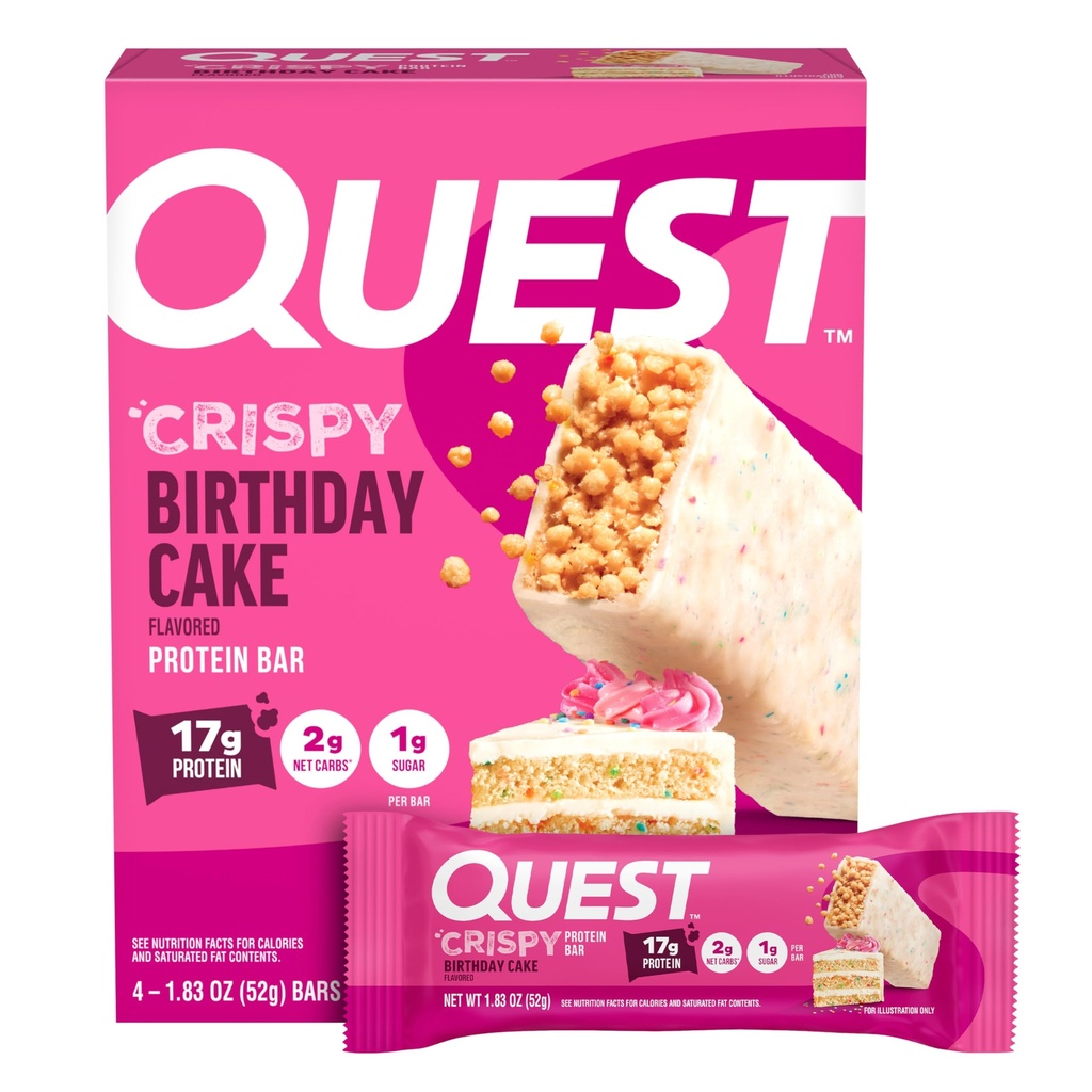 Quest Nutrition Crispy Birthday Cake Protein Bar, 17g de protéines, 1g de sucre, 2g de glucides nets, Snack sans protéines de gluten, Keto Friendly, 4 Compte