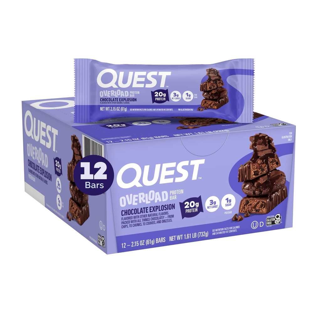 Quest Nutrition Overload Protein Bars, Explosion de chocolat, 20g de protéines, 1g de sucre, 3g de glucides nets, sans gluten, 12 Compte