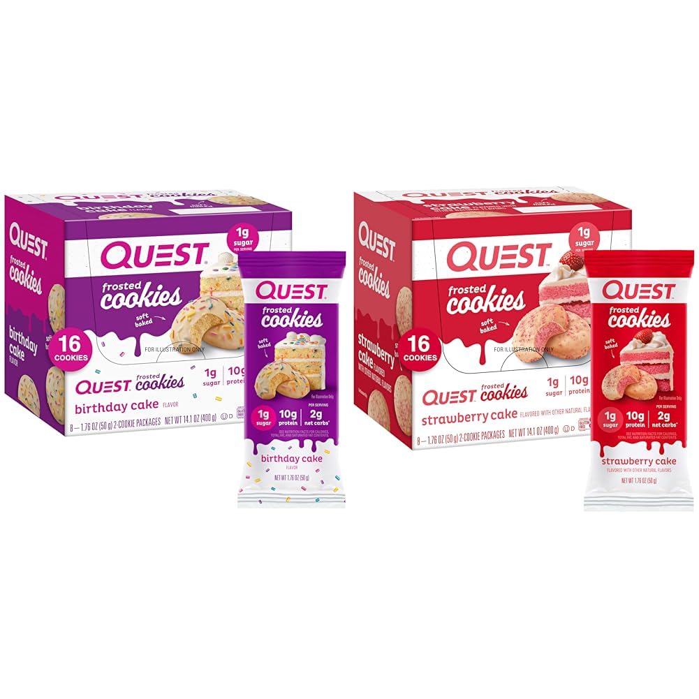 Quest Frosted Cookies Twin Pack avec gâteau d'anniversaire 1g de sucre 10g de protéines 2g de glucides nets Sans gluten 8 de compte et de fraises Cake 1g de sucre 10g de protéines 2g de glucides nets Sans gluten 16 cookies